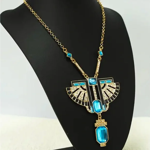 Boho Chic Blue Simulated Gemstones with Rhinestone Accents, Goldtone Necklace - Picture 2 of 7